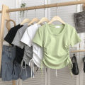2023 Summer Design Sense Niche Hot Girl Shoulder Short Sleeve New Korean Style Top T T-shirt Slimming round Neck Yoga Clothes.
