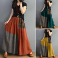 Ladies Summer Pockets Elastic Waist Maxi Faldas Tunic Print Skirt Women Patchwork Vestidos Casual Saia Robe Femme.