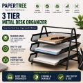 3 Tier Metal Desk Organizer with Mesh Trays Lightweight Office Stationery Storage Rack with Rubber Grips.