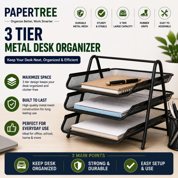 3 Tier Metal Desk Organizer with Mesh Trays Lightweight Office Stationery Storage Rack with Rubber Grips