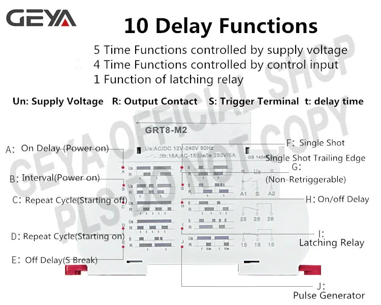 GEYA GRT8-X Multifunction Digital Time Relay Switch - 20 Functions, AC/DC 12-240V, DIN Rail