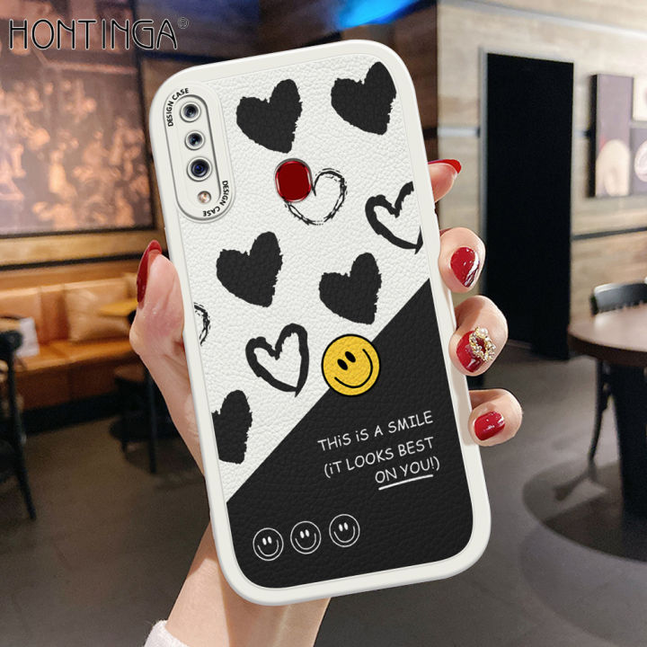 Hontinga for Samsung Galaxy A20S Back Cover PU Leather Cartoon Heart Smile Case Soft Silicone Edge Phone Cases