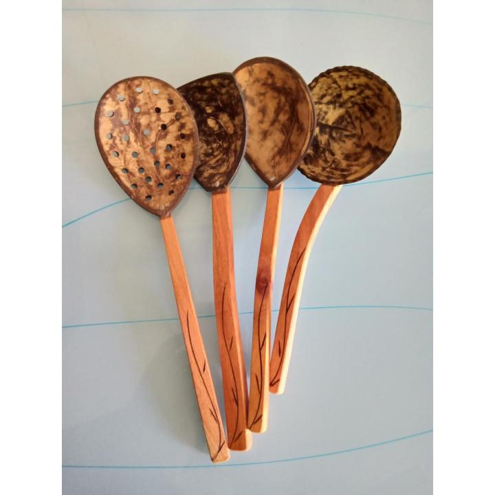 Handmade Coconut Shell Kitchen Spoons 4 Pieces Set