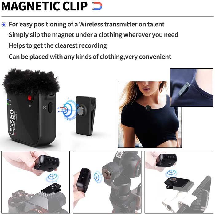 Lensgo348c%20Compact%20Digital%20Wireless%20Lapel%20Microphone%20System/Recorder%20With%20Extra%20Recording%20Button%20With%20Built%20in%20Magnet%20Clip%20(2.4%20GHz,%20Black)%20Camera%20&%20SmartPhone%20-%20Image%206