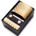 100% Silk Brand Tie Handkerchief Cufflink Set For Men Necktie Holiday Gift Box Blue Gold Suit Accessories Slim Wedding Gravatas.