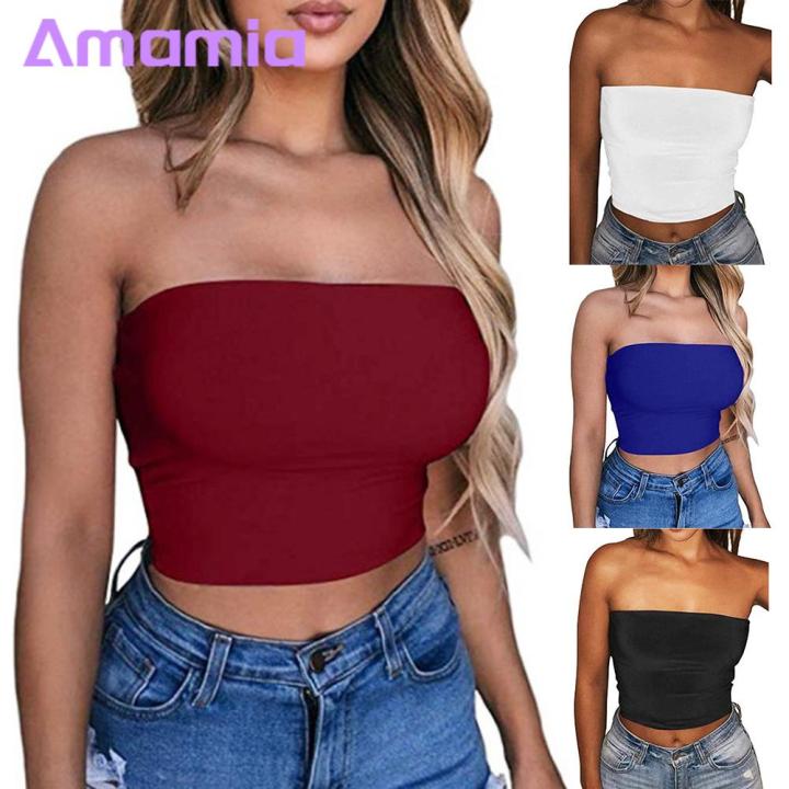 Amamia%20Women%20Solid%20Color%20Strapless%20Cropped%20Mini%20Bustier%20Slim%20Elastic%20Tube%20Top%20-%20Image%202