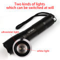 Purple White Dual Light Flashlight LED Ultraviolet Torch Zoom Retractable Flashlight Lamp Fluorescent Agent Detection Flashlight 1Pcs. 
