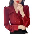 119 Red Shirt Women's Spring Clothes 2022 New Elegant Double Breasted Puff Sleeve Business Shirt Retro Hong Kong Style Top. 