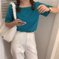 Genaisha New Style Ladies Short-Sleeve Top Trend Korean Version Solid Color Girl Square Neck T-Shirt. 