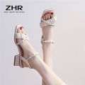ZHR Women's Chunky Heel Sandals 2024 New Summer Square Head Strap Fairy Style Pearl Strap Women's Mid-Heel Shoes. 