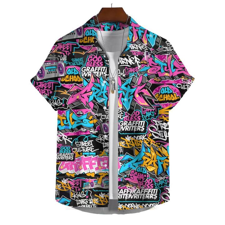 Hawaiian%20Shirt%20Short-Sleeved%20Shirt%20Men's%20Lapel%20Button-Down%20Shirt%20Graffiti%20Print%20Clothing%20Street%20Casual%20Loose%20Clothes%202024Fashion%20-%20Image%205