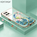 Hontinga for OPPO A54 / A54 2021 Back Cover + Free Lanyard Luxury 6D Plating Cartoon Peacock Side Pattern Case Soft Silicone Square Phone Cases.