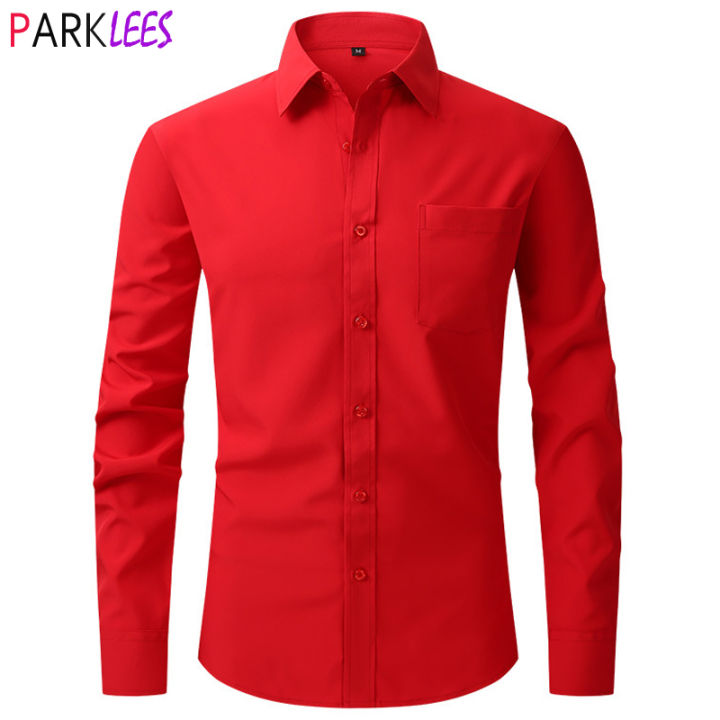 Men's Red Dress Shirts 2023 Spring New Regular Fit Long Sleeve Shirt Men Formal Wedding Elastic Easy Care Shirt Male Chemise 2XL KEEMEEUYZO