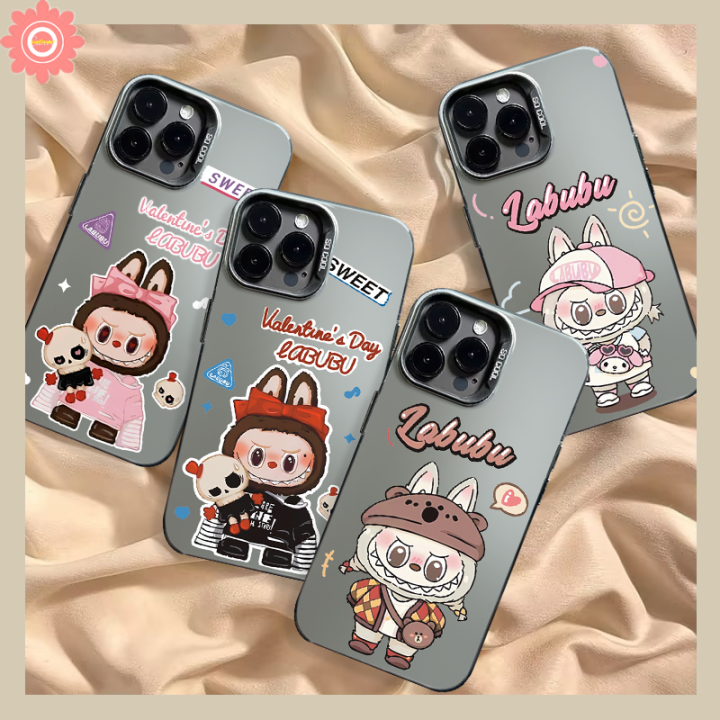 Luxury Trendy Brand Cute Sweet Pop Mart Labubu Casing Compatible for IPhone 13 15 11 14 12 Pro Max 7Plus XR XS X Max 15 8 7 14 Plus SE 2020 Cartoon Couples Plating Metal Lens Case