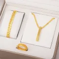 Style 3 Piece Fashion Jewelry Set Stainless Steel Simple Golden Ring Bracelet And Necklace Combo For Men.