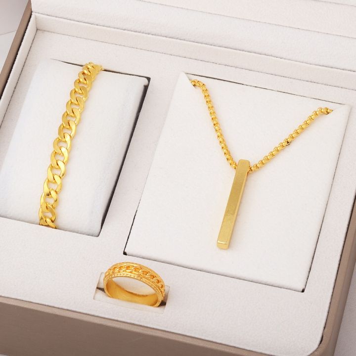 Style%203%20Piece%20Fashion%20Jewelry%20Set%20Stainless%20Steel%20Simple%20Golden%20Ring%20Bracelet%20And%20Necklace%20Combo%20For%20Men%20-%20Image%203