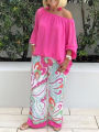 grace sexy One shoulder Loose Long Sleeved T Shirt Set Women's Spring Autumn Leisure Printed Wide Leg Trousers + Shirt Two Piece.