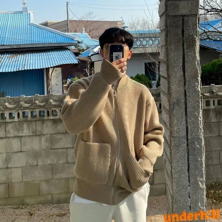 Fashion Winter Autumn Knitted Cardigan Korea Men's Casual Sweater Coat Long Sleeve Knitwear Loose Zippers Cardigans Male Sweater