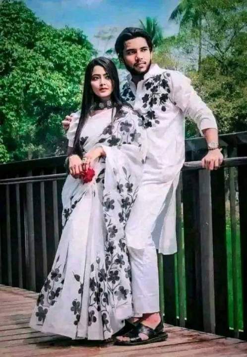 Stylish & fashionable New Hand Print  Matching best/Coupple Dress/For Men & Women / Saree & Panjabi/ (Combo Set)) - Panjabi - Panjabi For Men