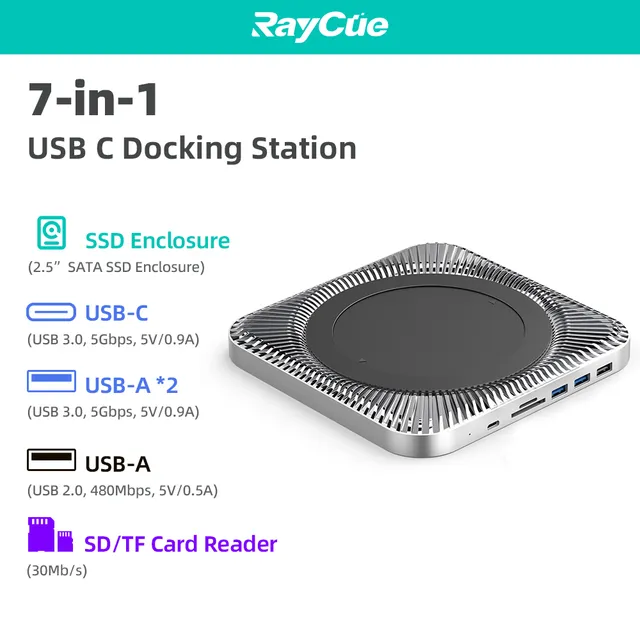 RayCue 7 in 1 USB C HUB for Mac Mini Hard Drive Docking Station HDD SATA Enclosure SD TF Card Reader USB 3.0 for Mac Studio Dock