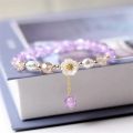Fashion Korean White Flower Purple Beaded Bracelet for Women Charm Crystal Beads Elastic Adjustable Bracelet Friendship Jewelry. 