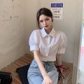 Korean Fashion Women's Shirt Summer Elegant Youth Blouses Clothes Preppy Puff Sleeve White Shirts Cropped Cute Top 2023. 