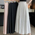 Seoulish Cotton Pleated Long Skirts for Women 2024 New Summer Spring Elegant Solid Elastic High Waist A-Line Midi Skirts Female.