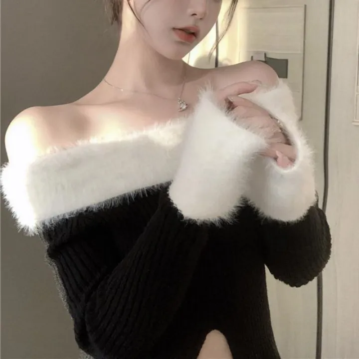 2023%20Autumn%20and%20Winter%20New%20Stitching%20off-Shoulder%20Long%20Sleeve%20Split%20Sweater%20Sweater%20Top%20Sweet%20Women's%20Clothing%20-%20Image%206