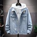 Pink Denim Jacket Spring and Autumn Couple Coat Male Student Korean Style plus-Sized Workwear Ripped Denim Jacket Male. 