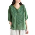 Cotton linen short sleeved t-shirt for summer wear, new V-neck embroidered artistic loose thin design, slim fit and slimming, plus size women's clothing. 