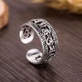 Retro six-character mantra ring for men, old hollow open ring, fashionable imitation Thai silver, old heart sutra men's ring.