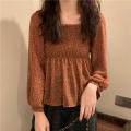READY STOCK Korean Fashion Women Square Neck Chiffon Floral Blouse Plicated Short Style Long Sleeve Top. 