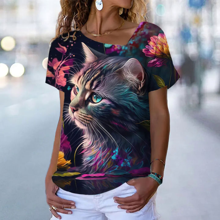Women's T-shirt fashion 3D animal cat printed short sleeve tees