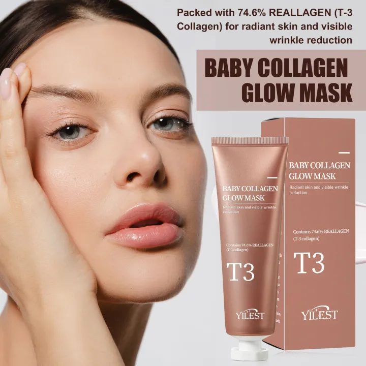 Baby Collagen Glow Mask - Korean Peel Off Mask Skincare Infused with Reallagen/T3 Vegan Collagen, Aginon, Volufiline, for Elasticity, Firmness, Glow Skin, and Optional Overnight Use