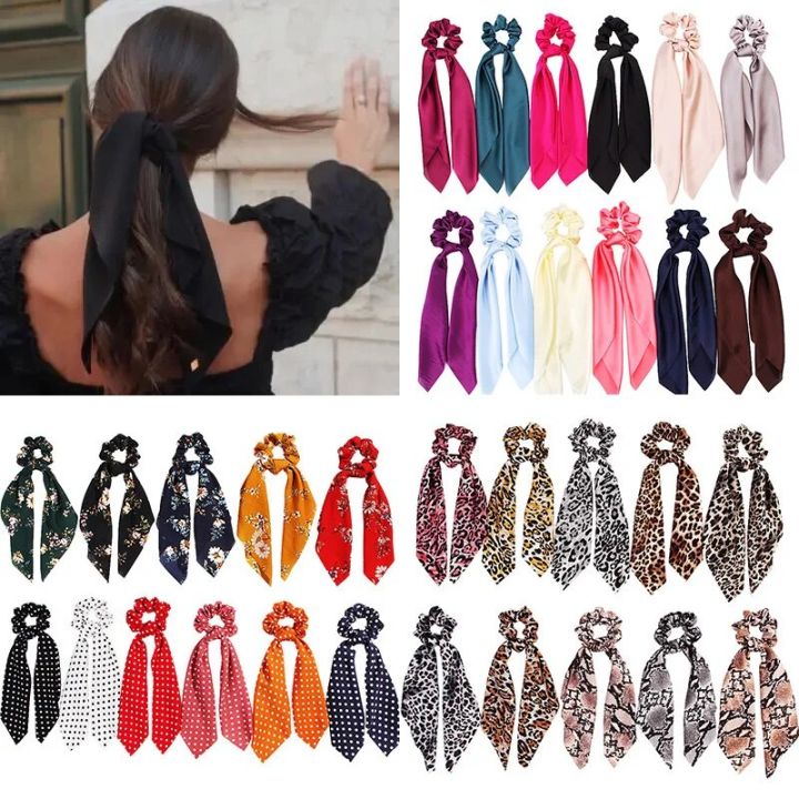 【NEW】 Fashion Korean Solid Color Scrunchies Long Hair Rope Hair Ties For Women Ponytail Scarf Sweet Elastic Hair Band Hair Accessories