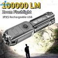 100000LM Powerful LED Flashlight USB Charging Tactical Flash Light Variable Focus Long Range Torch Outdoor Waterproof Flashlight.