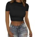 2023 New Summer European and American Women's Foreign Trade Top Fashion crop crop solid color round neck slim short sleeve T-shirt.