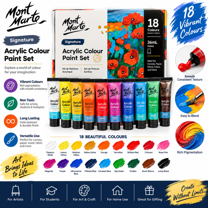 Mont Marte Signature Acrylic Paint Set 36ml 18 Colors Vibrant Non Toxic Long Lasting Paint for Art & Craft