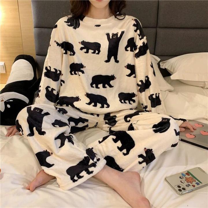 Spring Winter Warm Female Pyjamas Sets Thick Coral Velvet Long Sleeve Cartoon Sleepwear Thin Women Pajamas Set Girl