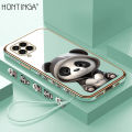 Hontinga for Samsung Galaxy M53 5G Back Cover With Free Strap Luxury 6D Plating Cute Panda Side Pattern Case Soft Silicone Square Mobile Cover.