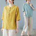 Women's Cotton and Linen Short-Sleeved Shirt2023New Mom Summer Clothes Linen Top Loose Belly-Covering Western Style Slimming Suit.