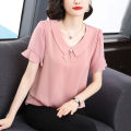 Chiffon women's summer wear 2024 new style, stylish and age reducing temperament, lotus leaf sleeve small shirt for middle-aged mothers, short sleeved top. 