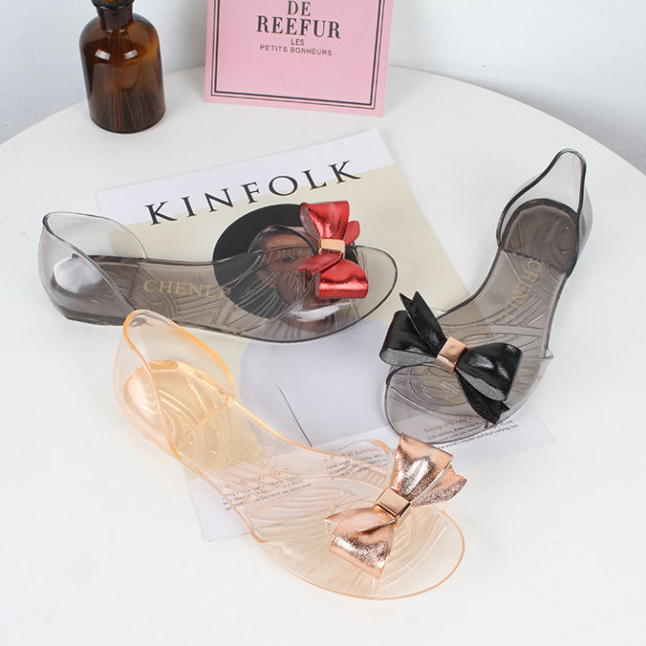 Charm shark Korean version sandals, summer flat heel fish mouth bow flat bottom, daily casual jelly transparent heel beach shoes