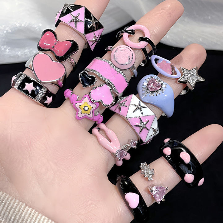 Y2K Enamel Drop Oil Love Heart Colorful Rings For Women Girls Korean Fashion Cute Aesthetic Pink Ring Jewelry Accessories
