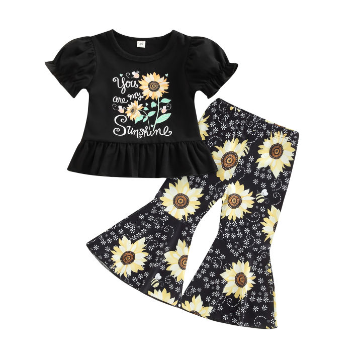 Kid Girl Outfit Set Letter Sunflower Printed Short Sleeve Ruffle Hem Tops Elastic Waist Flared Pants