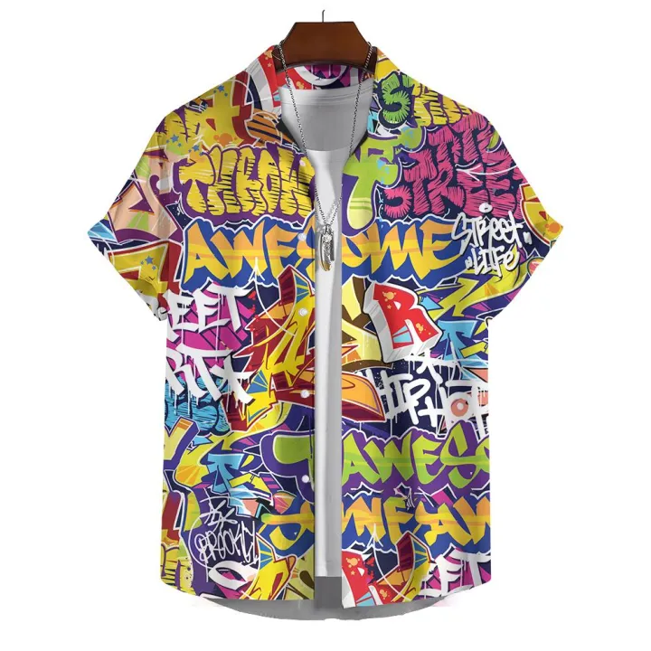 Hawaiian%20Shirt%20Short-Sleeved%20Shirt%20Men's%20Lapel%20Button-Down%20Shirt%20Graffiti%20Print%20Clothing%20Street%20Casual%20Loose%20Clothes%202024Fashion%20-%20Image%206
