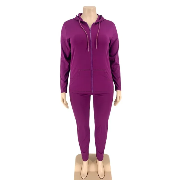 Plus%20Size%20Women's%20Clothing%20Solid%20Color%20Hooded%20Women%20Tracksuits%20Long%20Sleeve%20Zipper%20Matching%20Sets%20Elastic%20Pant%20Set%20Fitness%20Suits%20-%20Image%202