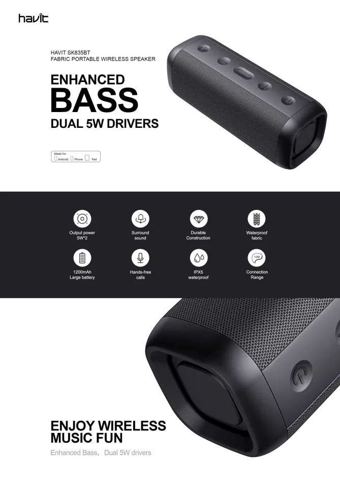 Havit SK835BT Black Fabric Portable Bluetooth Speaker