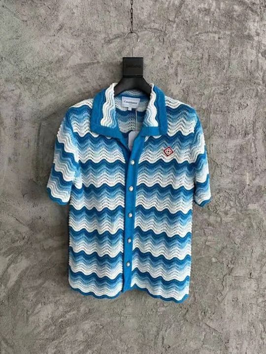 Y2k Blue Gradient Casablanca Sweater Men's Wave Pattern Hollow Out T-shirt Knit