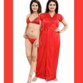 3 Part Satin Solid Women Nighty Set - Night Dress For Women - Night Dress For Women. 